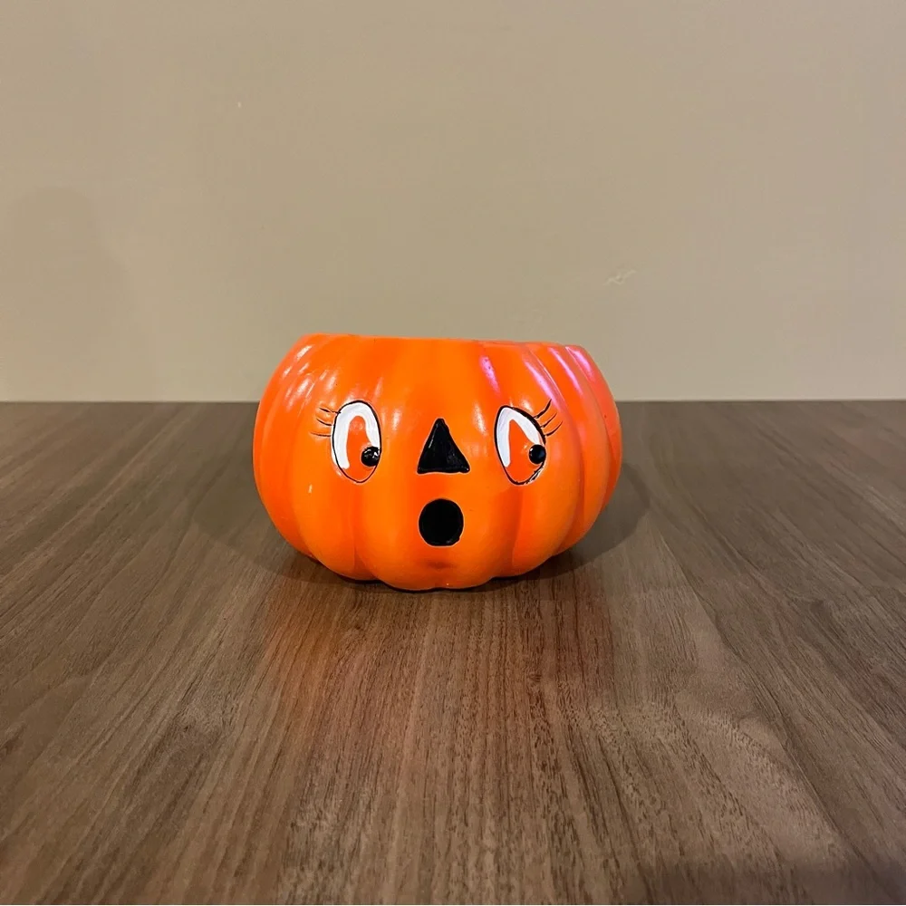 VTG 1980s Anthropomorphic Jack O Lantern Pumpkin Face Ceramic Candy Dish Planter